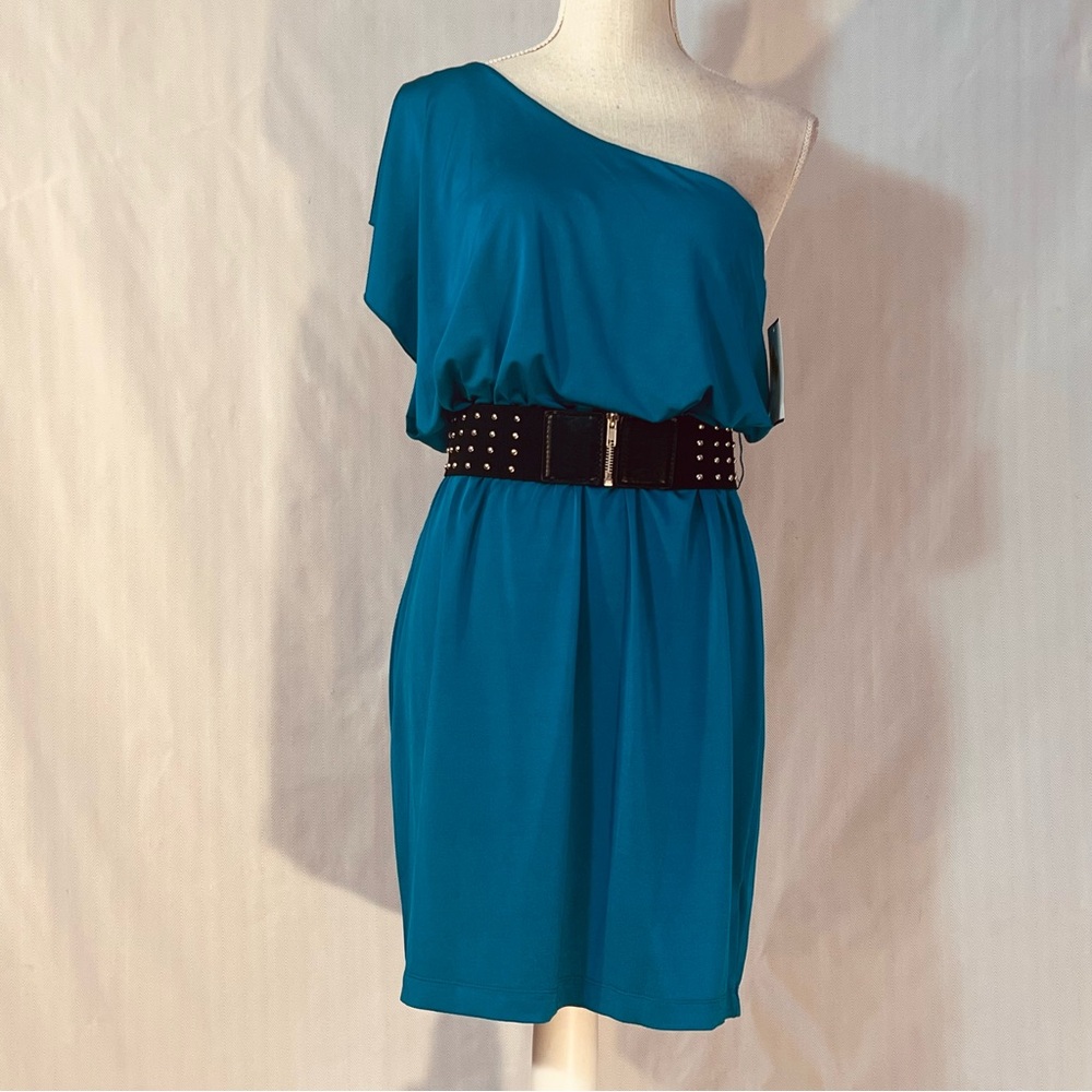 City Triangles Teal Dress One Shoulder Split Cap Sleeve Black Stud/Zip Belt M👍
